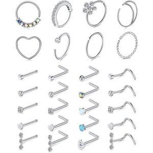 28 Pack Nose Rings Stainless Steel Hoop L Shape Nose Studs Nose Screw Bone